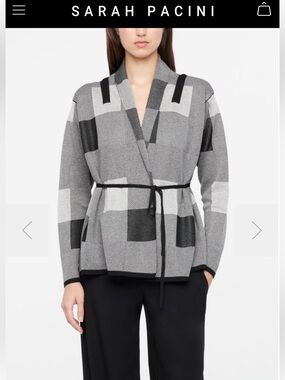 Sarah Pacini Light Jacquard Knit Gray Black Checked Belted Shimmery Cardigan 🇮🇹